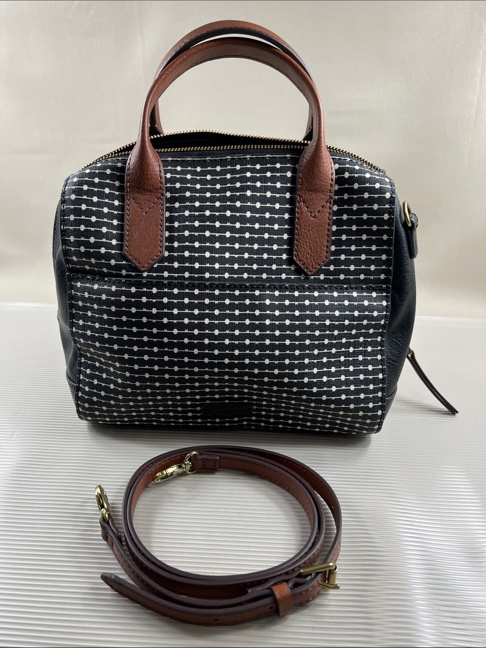 Fossil Black and White Patterned Women’s Satchel with Brown Leather Trim